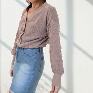 Moon & Madison Knit Bubble Polka Dot Sleeve Crop Cardigan L